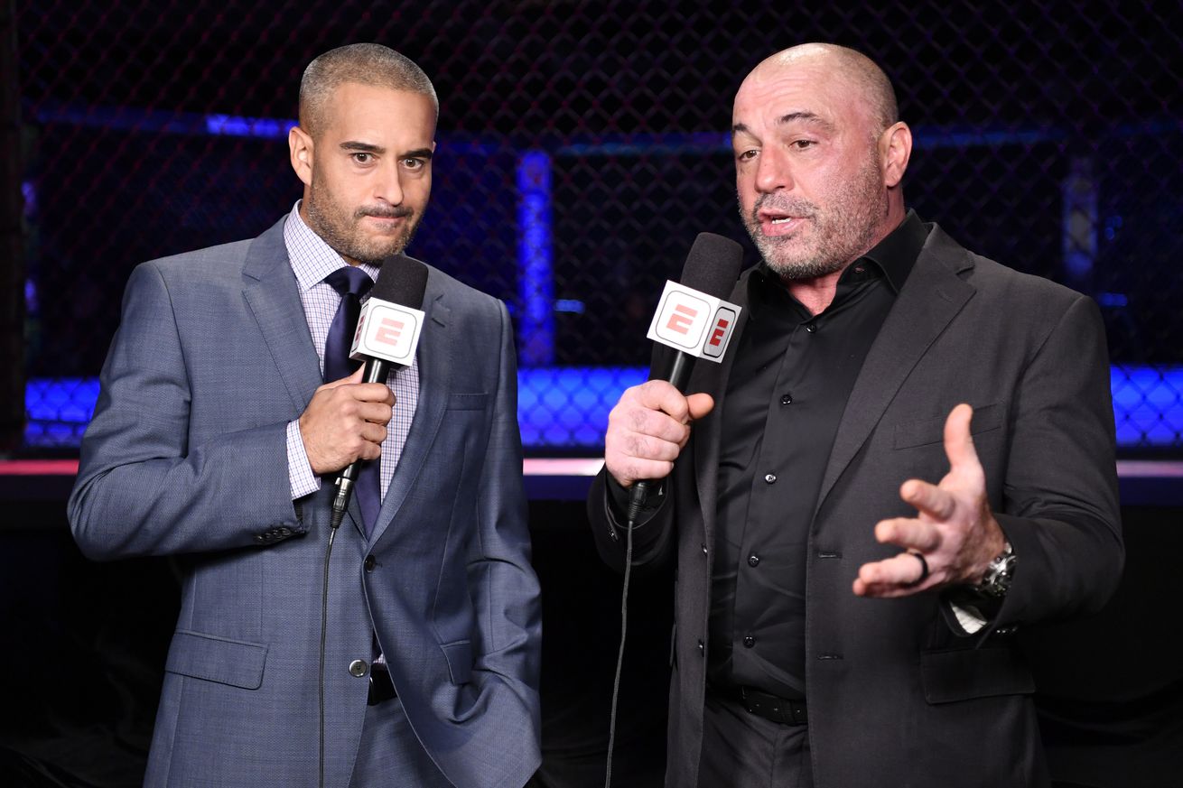 Jon Anik and Joe Rogan on broadcast duties for UFC 240 in 2019. 