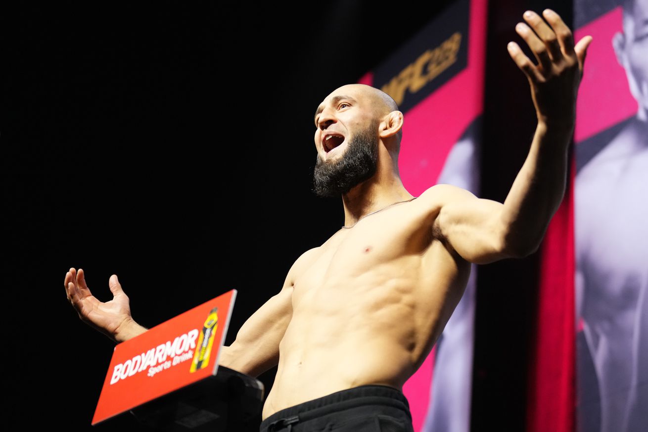 Khamzat Chimaev during the UFC 279 ceremonial weigh-ins. 