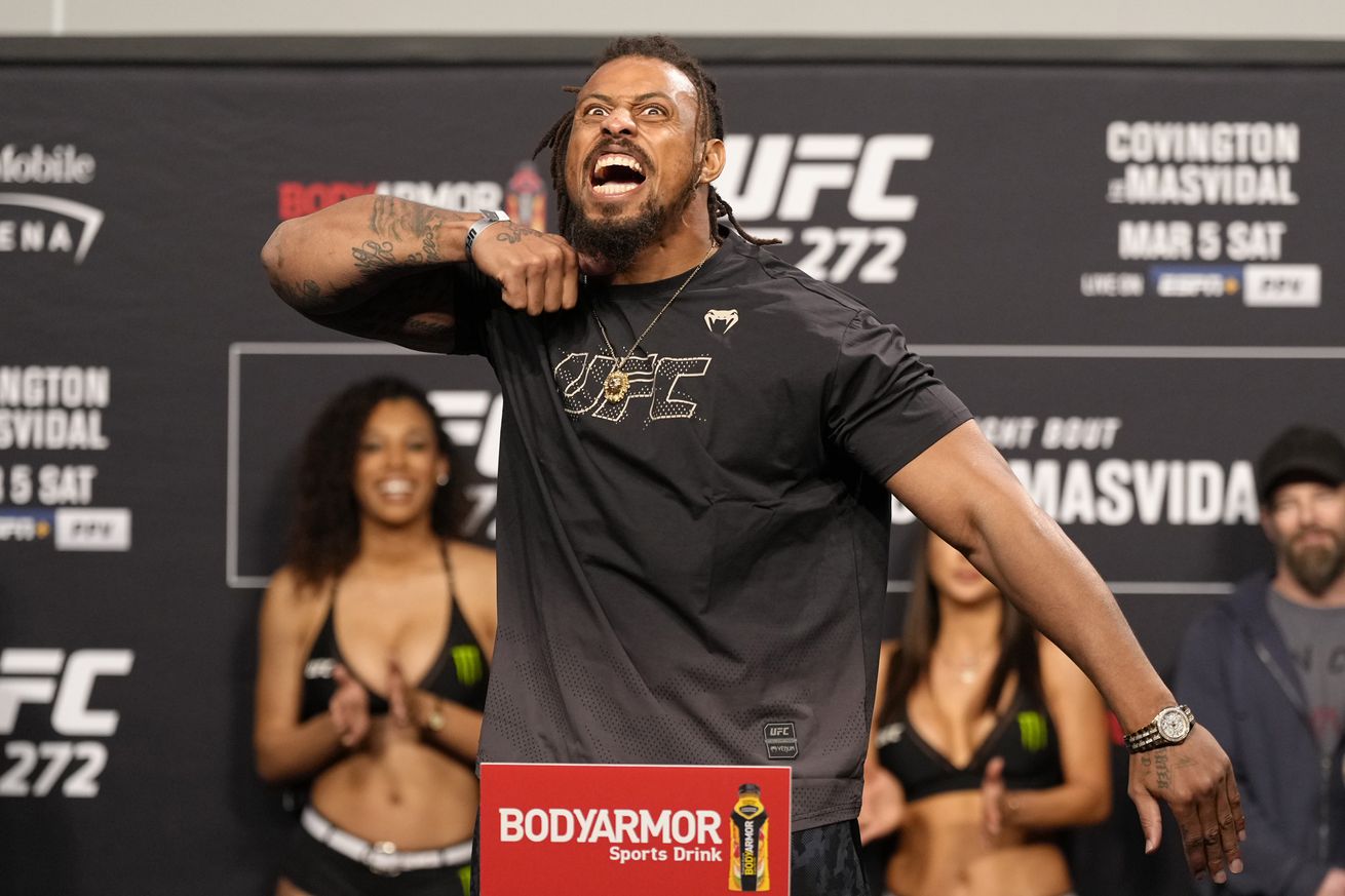 Greg Hardy weighs in for his UFC 272 fight in March.