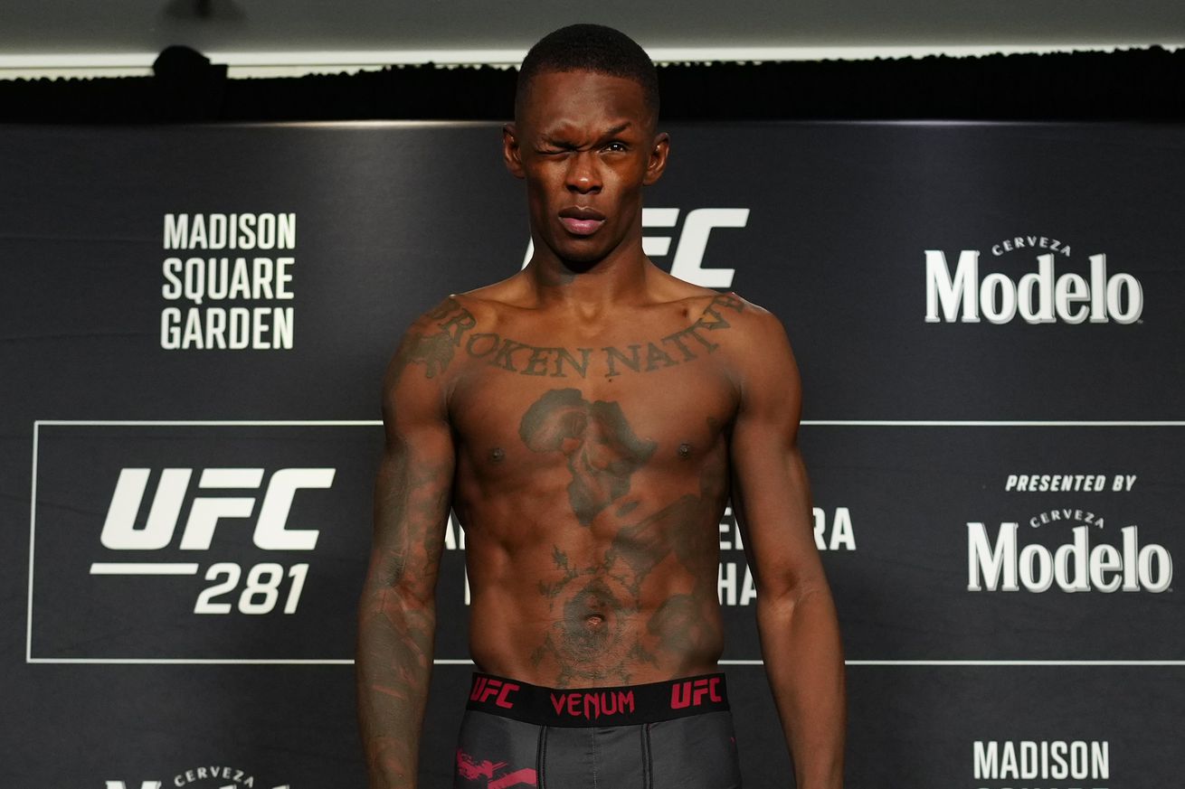 Israel Adesanya weighing in for UFC 281.