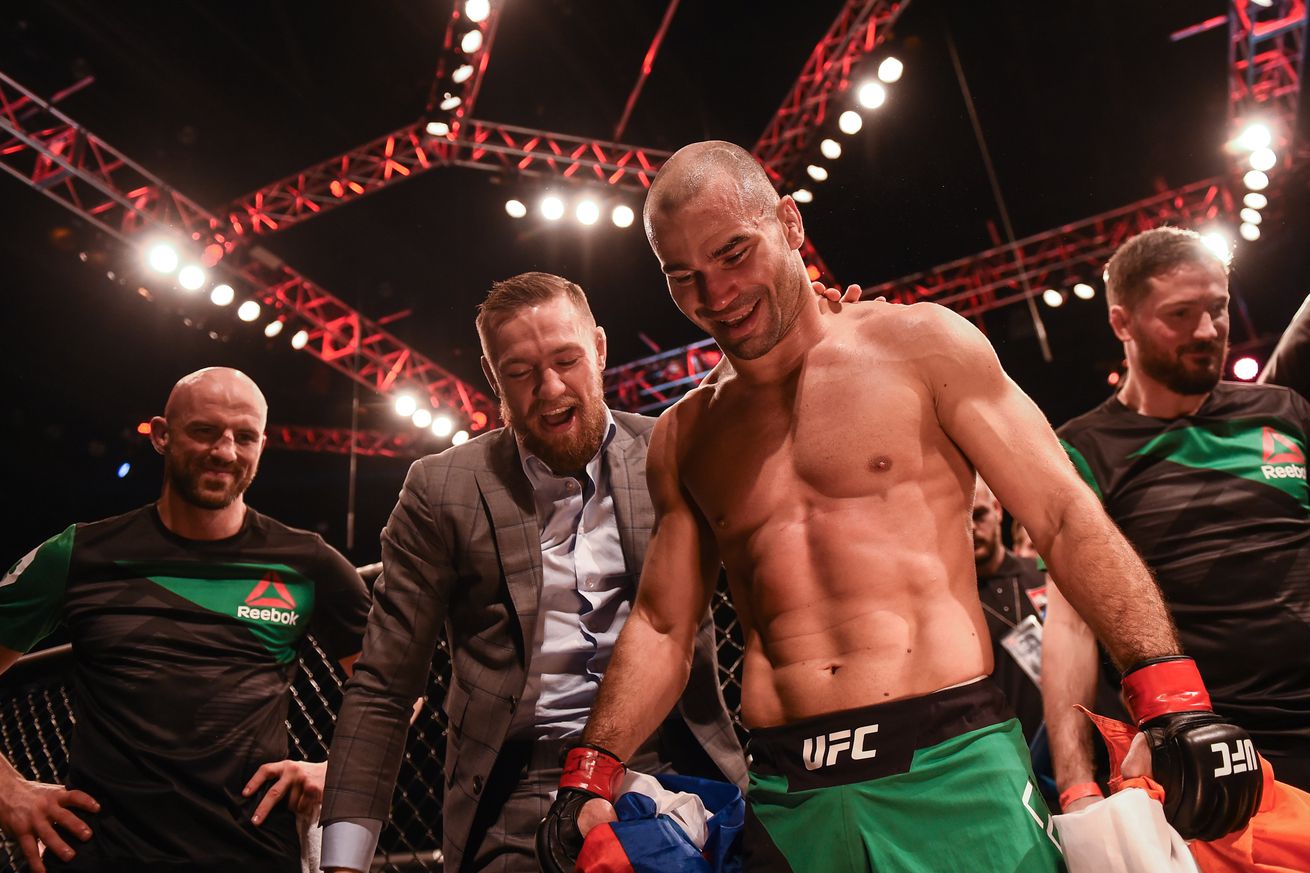 Conor McGregor celebrates Artem Lobov’s win over Teruto Ishihara in 2016. 