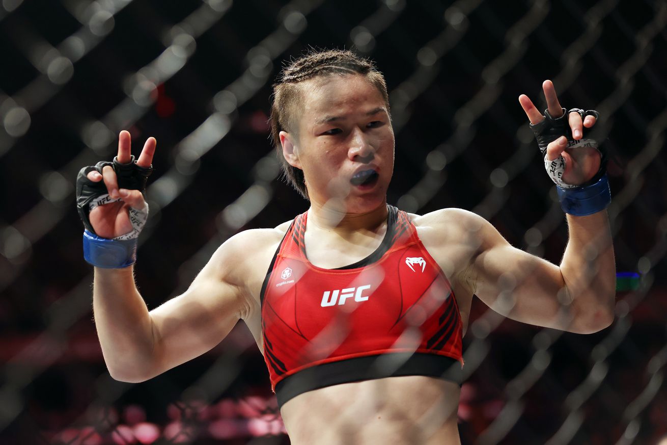 Zhang Weili celebrates her UFC 281 win over Carla Esparza. 