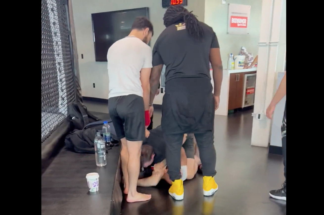 MMA veteran Jake Shields and UFC welterweight Mike Jackson during a brawl at the UFC PI.