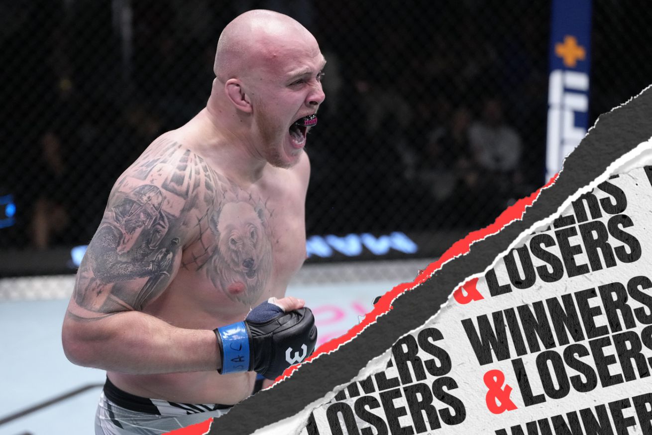 Serghei Spivac celebrating his win over Derrick Lewis at UFC Vegas 68