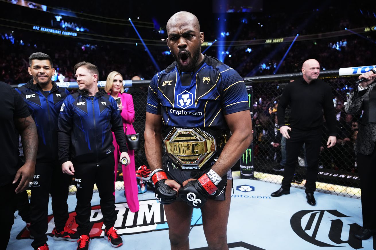 Jon Jones reacting to his win over Ciryl Gane at UFC 285. 