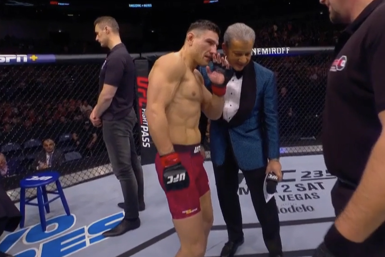 Damir Hadzovic and Bruce Buffer speaking during a UFC commercial break.