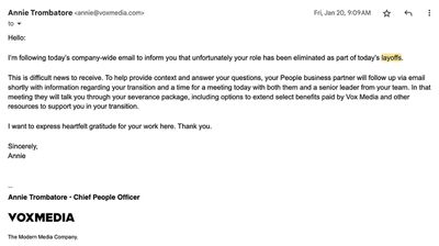 An email to Nate Wilcox from Vox media’s Annie Trombatore informing him that he had been fired.